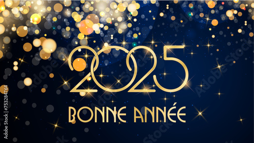 carte ou bandeau pour souhaiter une bonne année 2025 en or sur fond bleu avec en haut à gauche des ronds et des paillettes de couleur or en effet bokeh 