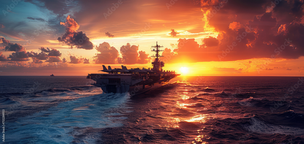 Fototapeta premium generic military aircraft carrier ship with fighter jets take off during a special operation at a warzone