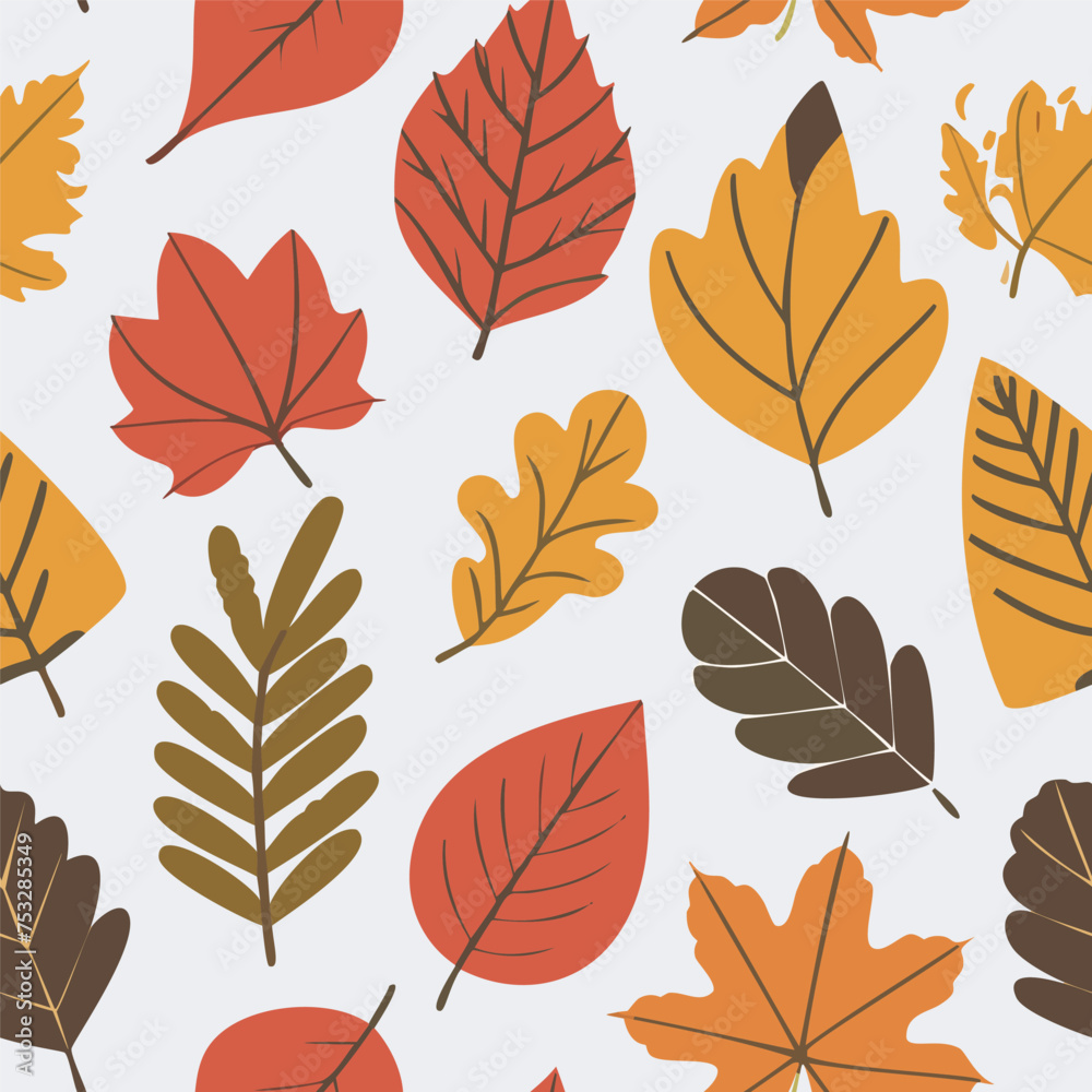 Autumn seamless pattern with different leaves and plants, seasonal colors