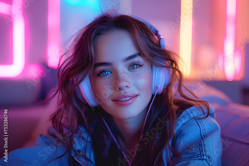 Gel portrait of beautiful young woman listening to music in headphones with dreamy expression against pink studio background in neon light