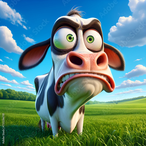 A whimsical, cartoon cow with an exaggerated, comical expression in a lush meadow.

