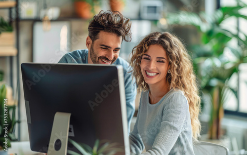 
Business collaboration: Smiling man instructing woman on computer tasks in modern office.