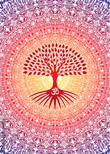 Tree of life on an openwork background with the sign aum / om / ohm. sacred, ecological symbol. Symbol of life and nature. Vector graphics