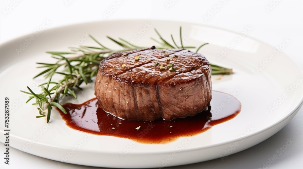 Plate of filet mignon arranged on a white round plate, displayed against a white background in an aerial view