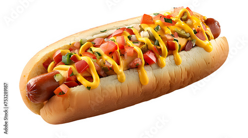 Delicious hot dog with condiments on transparent background