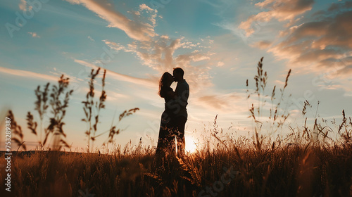  O marido beijando a esposa e parado no campo