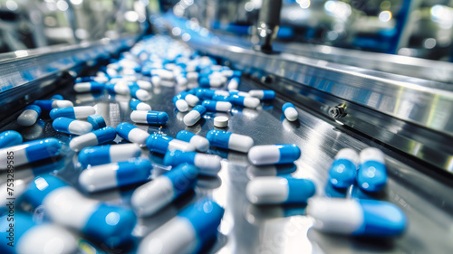 
Pharmaceutical production line with blue and white capsules, highlighting precision and technology in medication manufacturing.