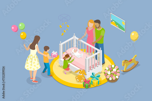 3D Isometric Flat Vector Illustration of Infant Birth, Happy Parenting