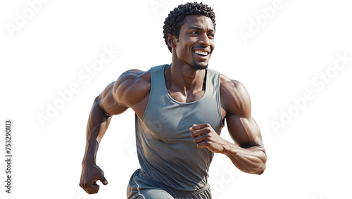 Attractive black man smiles while running a track and field race. Afro muscular man isolated on transparent background. Clothes for sports.