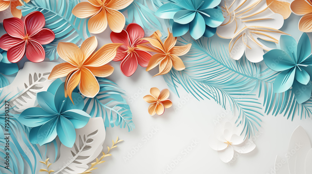 Vibrant Tropical Flowers and blue Leaves on white background.