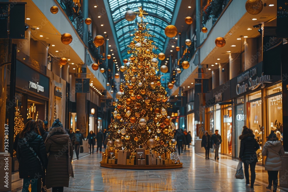 Christmas Tree in Mall With People Walking Around