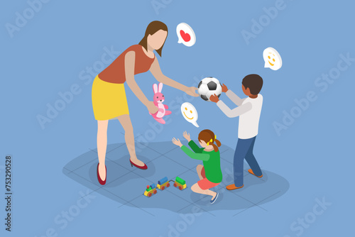3D Isometric Flat Vector Illustration of Charity For Orphans, Social Care and Volunteering