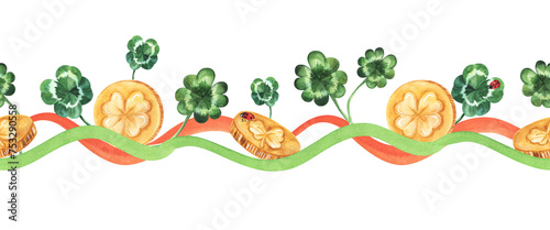 Hand drawn seamless border, orange and green ireland colors stripe watercolor pastel strokes. Golden coins and clover leaves. St. patrick's day stripes, cute wavy paintbrush line backdrop. Shamrock