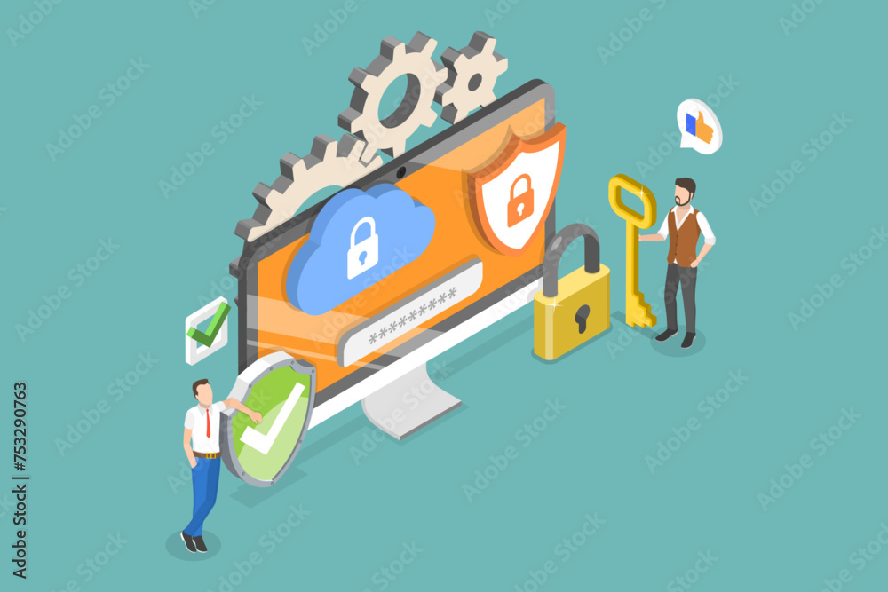Fotografie 3D Isometric Flat Vector Illustration of Data Security, User Account Privacy