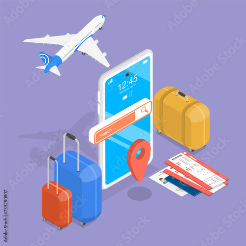 3D Isometric Flat Vector Illustration of Travel Online Booking, Summer Holiday Planning