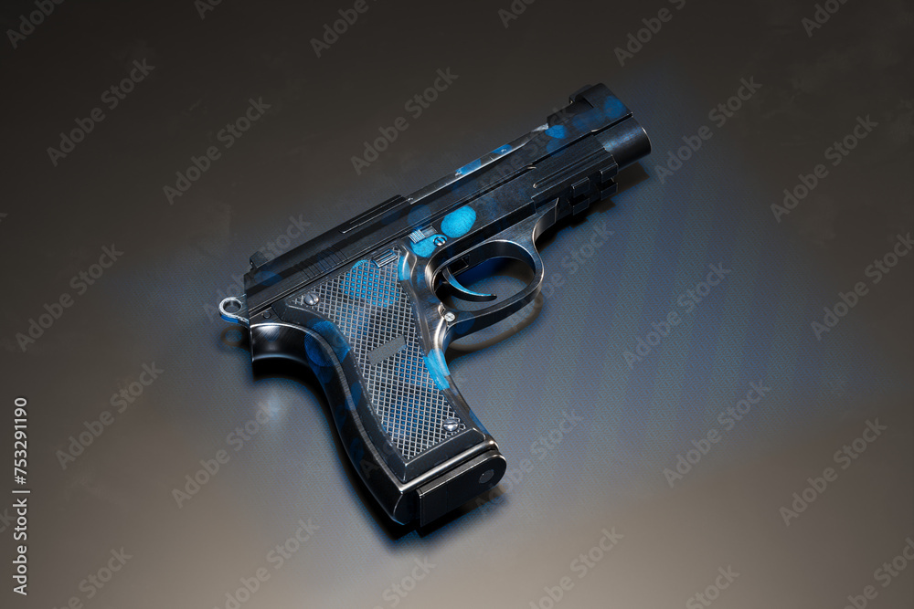Custom-Designed Handgun with Blue Detailing Laid Upon Textured Backdrop Custom-Designed Handgun with Blue Detailing Laid Upon Textured Backdrop