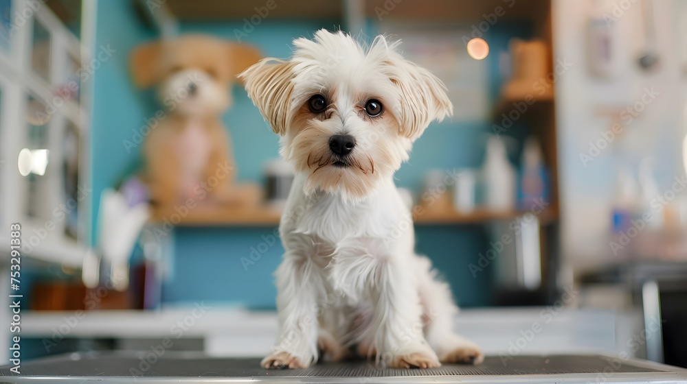 Cute puppy dog in professional groomer salon or waiting for checkup in veterinary clinic Cute puppy dog in professional groomer salon or waiting for checkup in veterinary clinic