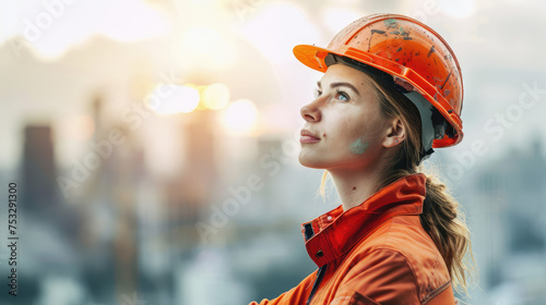 young construction worker woman with safety helmet letting see city buildings under construction on white background with copy space