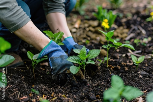Person's hands in gloves planting sprouts while working in the garden. Ecology concept. AI Generated 