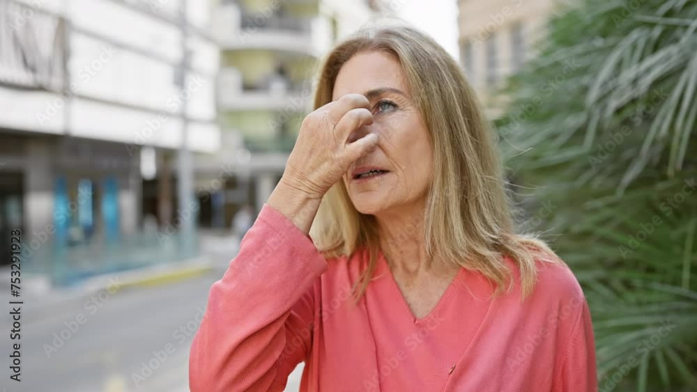 Middle-aged woman in a pink shirt squints in bright sunlight on a city street, portraying an everyday urban scene. Middle-aged woman in a pink shirt squints in bright sunlight on a city street, portraying an everyday urban scene.