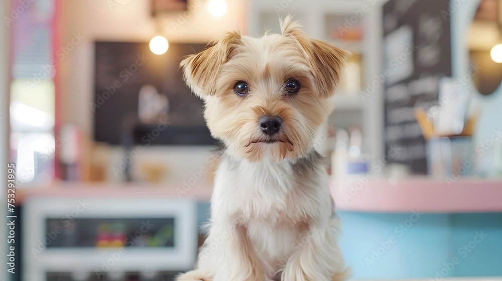 Cute puppy dog in professional groomer salon or waiting for checkup in veterinary clinic Cute puppy dog in professional groomer salon or waiting for checkup in veterinary clinic
