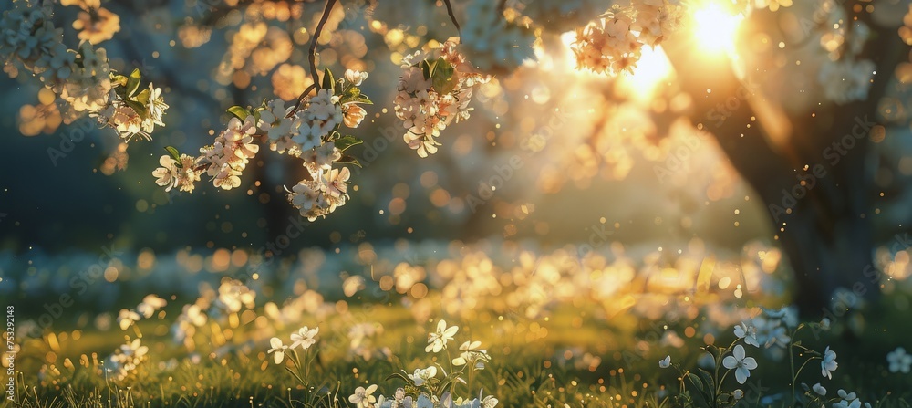 Sun Shining Through Flowering Tree Leaves