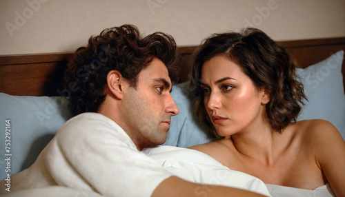 Upset young couple having argument about sexual impotence in bed