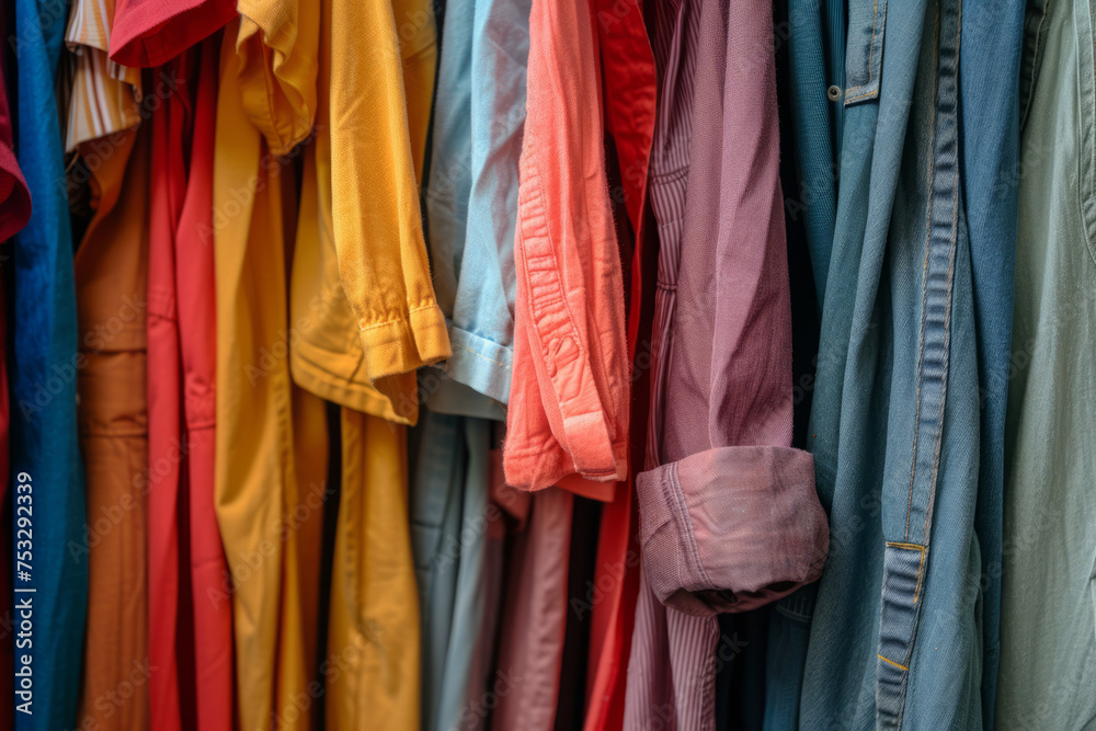 Open closet with unorganized random colorful hanging clothes. Generative AI