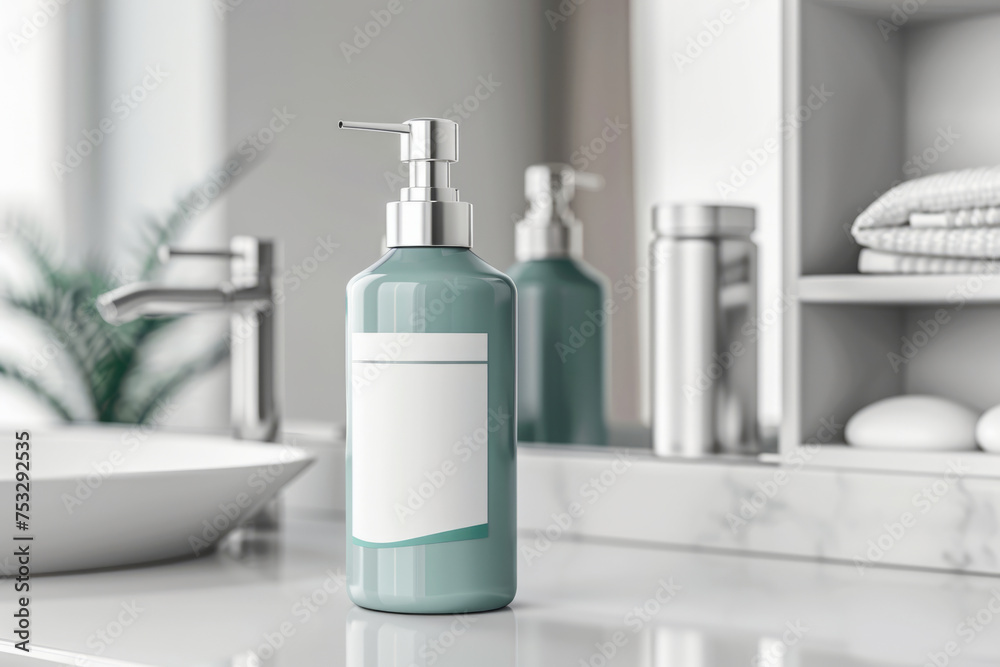 Shampoo green bottle mockup with blank label in bathroom. Minimalist style. Generative AI Shampoo green bottle mockup with blank label in bathroom. Minimalist style. Generative AI