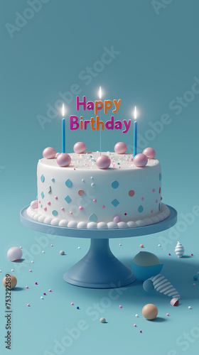 Birthday cake with candles in a soft blue background, with Happy Birthday Text 