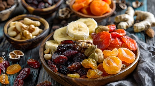 different mixed dried fruits raw vegan food
