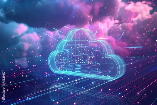 Cloud computing concept illustration. Web storage for global data, social media, AI server. Online binary code background, modern futuristic technology. Internet of things, big data processing