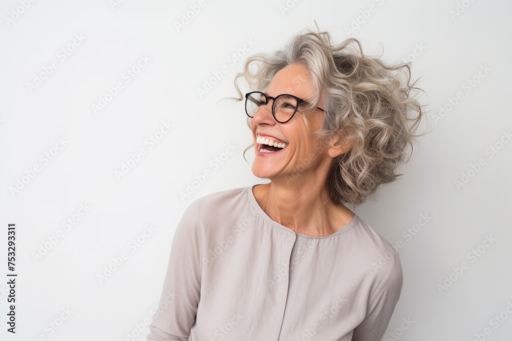 Close up portrait of a happy senior woman with wavy hair laughing