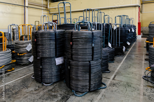 Steel wire coils in metalworking factory