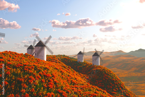 Fotografi Scenic View of Traditional Windmills Amongst Vibrant Orange Wildflowers