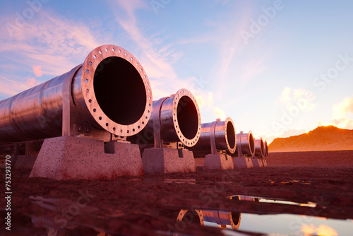 Konstfotografi Industrial Pipeline Construction at Sunset with Reflective Water View
