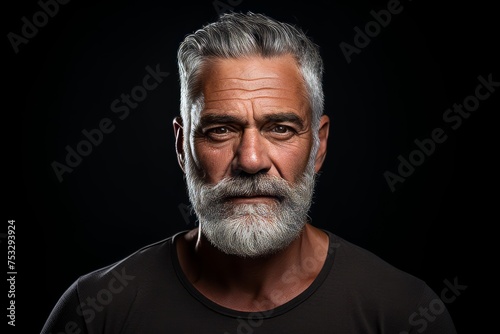 Portrait of a senior man with grey beard on black background.