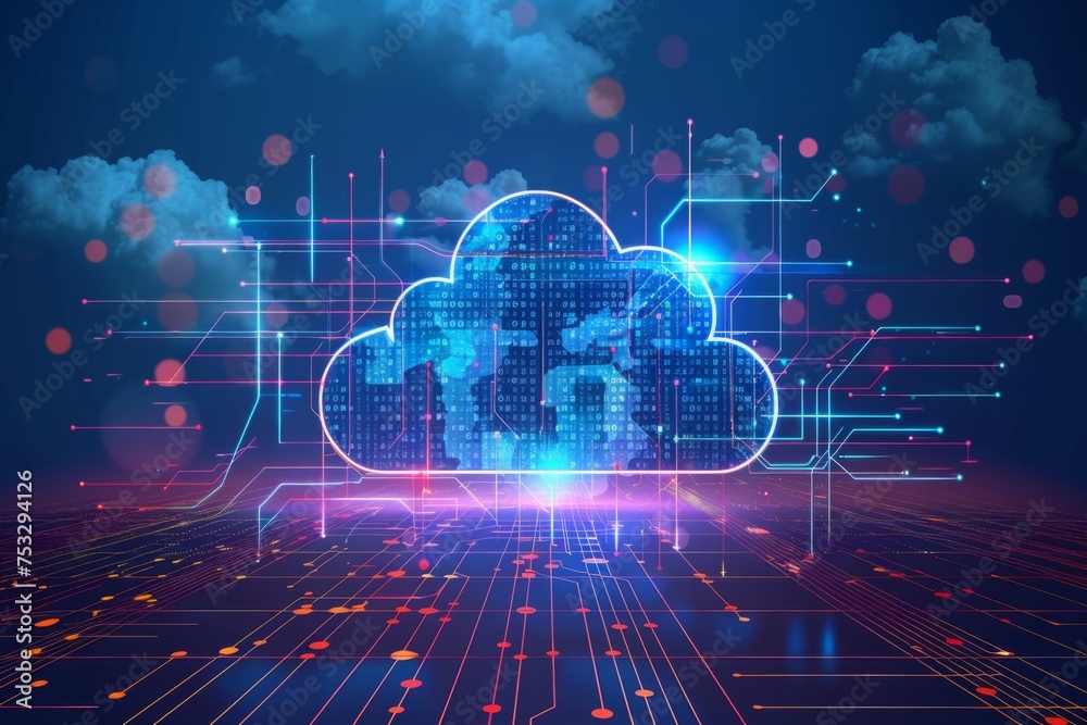 Cloud computing concept illustration. Web storage for global data, social media, AI server. Online binary code background, modern futuristic technology. Internet of things, big data processing