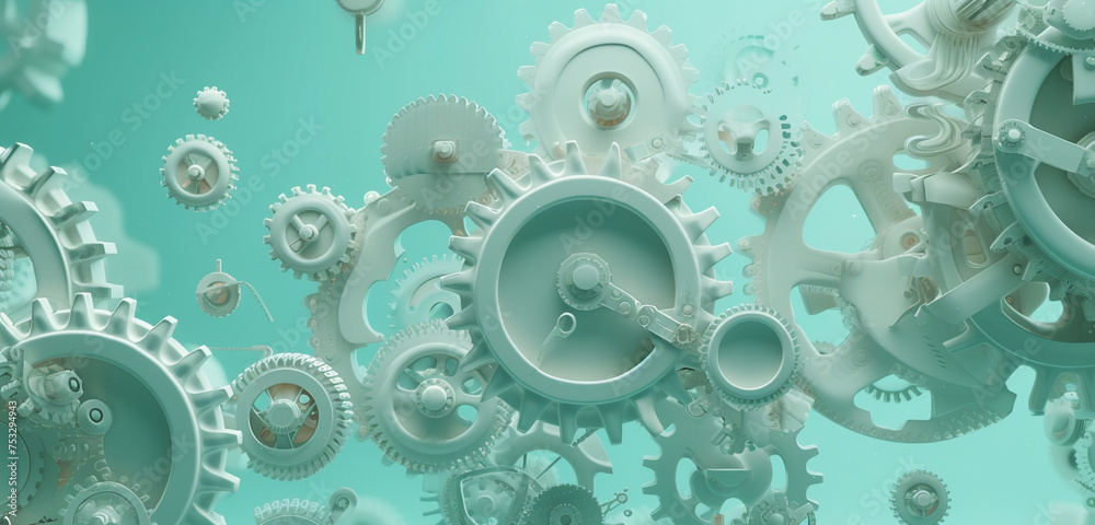 A lively animation of gears and machinery in motion, representing industrial work, on a mint green background