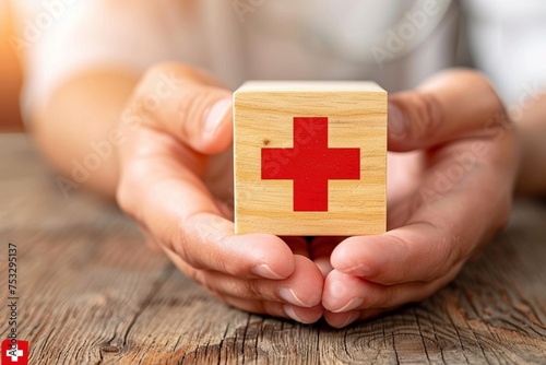 Health insurance concept. people hands putting plus symbol and healthcare medical wooden cube block with icon, health and access to welfare health.