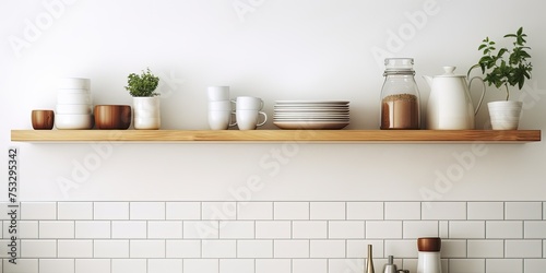 Contemporary kitchen shelving with white tiled walls