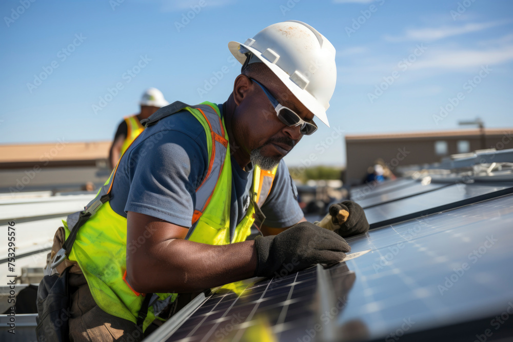 Photo of installing solar panels on the roof of a building Photo of installing solar panels on the roof of a building
