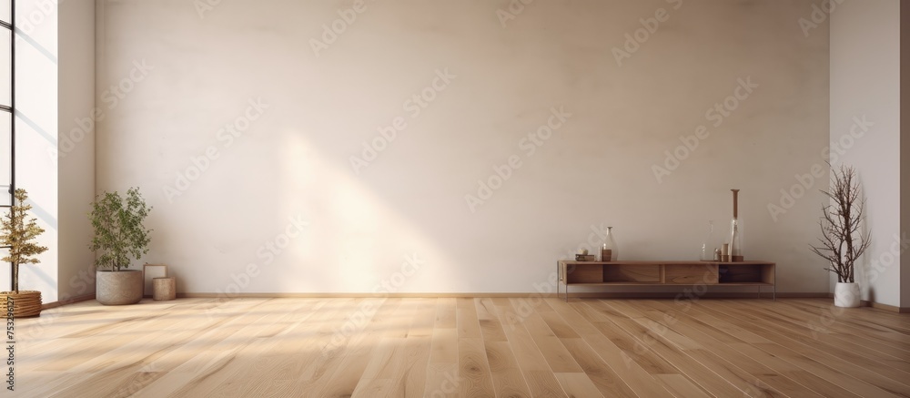 Minimalist room with parquet floor and plain walls - obrazy, fototapety, plakaty 