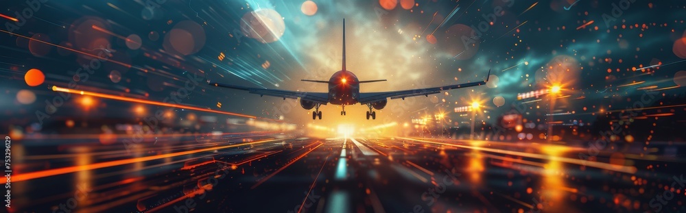 Large Passenger Jet Flying Over Runway at Night Large Passenger Jet Flying Over Runway at Night