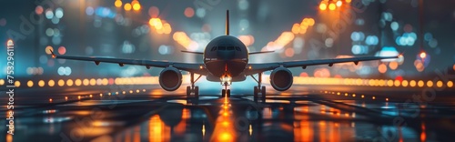 Large Passenger Jet Flying Over Runway at Night