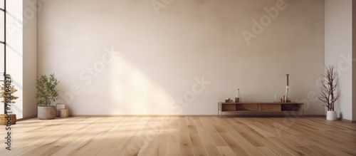 Minimalist room with parquet floor and plain walls photo