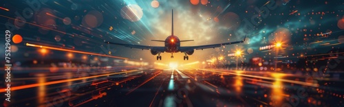 Large Passenger Jet Flying Over Runway at Night