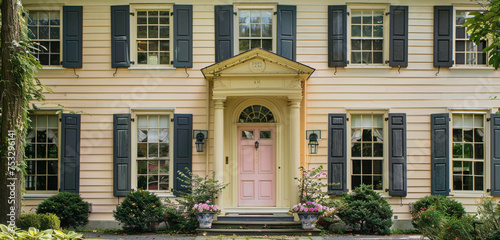 A timeless classical mansion with a symmetrical facade, its walls a soft butter yellow, highlighted by slate blue shutters and a rose quartz door