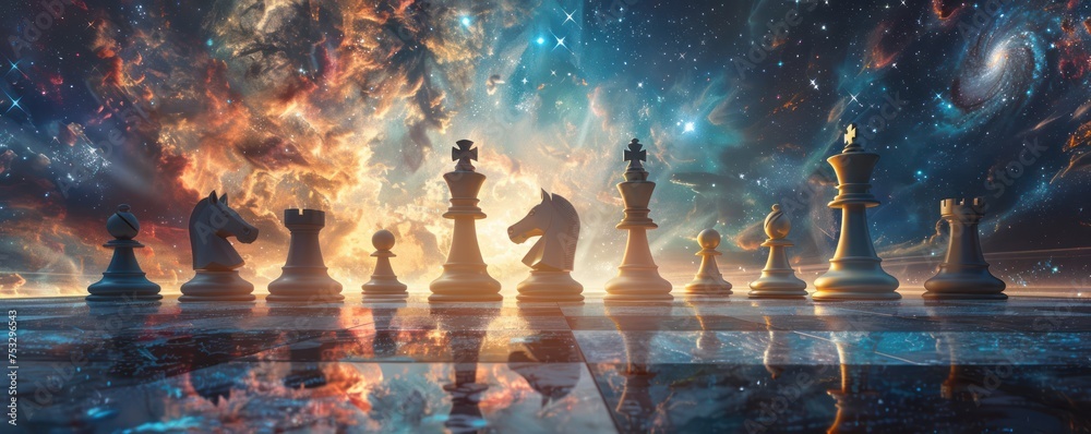 galaxy in a chess inspired artwork that catches the viewer eye with bold contrasts where the galaxy serves as the backdrop for the game Experiment with artistic style - obrazy, fototapety, plakaty 