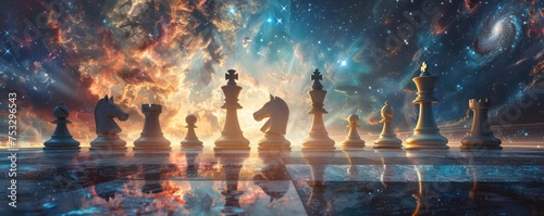 galaxy in a chess inspired artwork that catches the viewer eye with bold contrasts where the galaxy serves as the backdrop for the game Experiment with artistic style photo